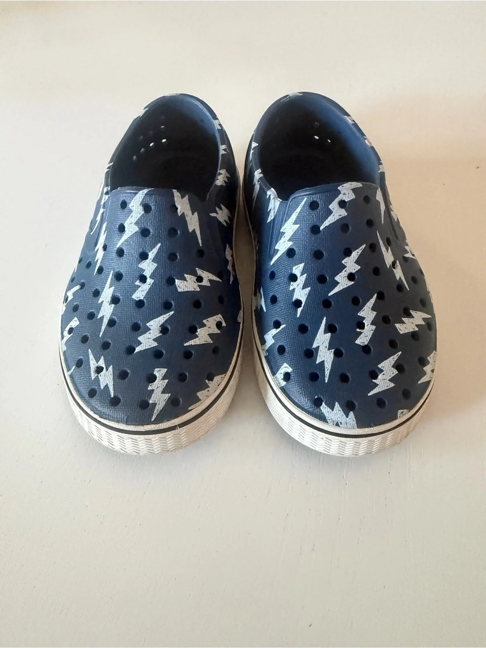Kids Navy Water Slip-On Shoes with Silver Lightning Design